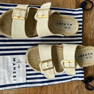 Manebi cream espadrille canvas sandal with gold buckles